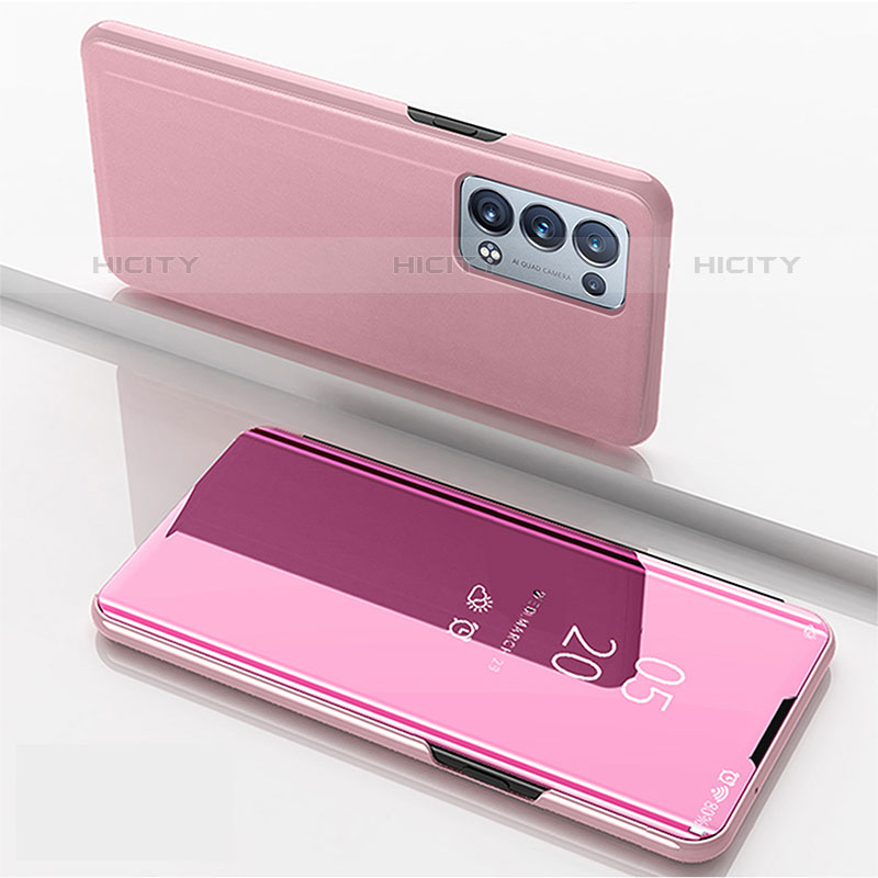 Custodia Portafoglio In Pelle Cover con Supporto Laterale Specchio Cover per Oppo Reno6 Pro+ Plus 5G Oro Rosa