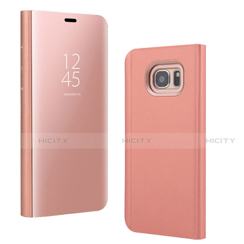 Custodia Portafoglio In Pelle Cover con Supporto Laterale Specchio Cover per Samsung Galaxy S7 Edge G935F Oro Rosa