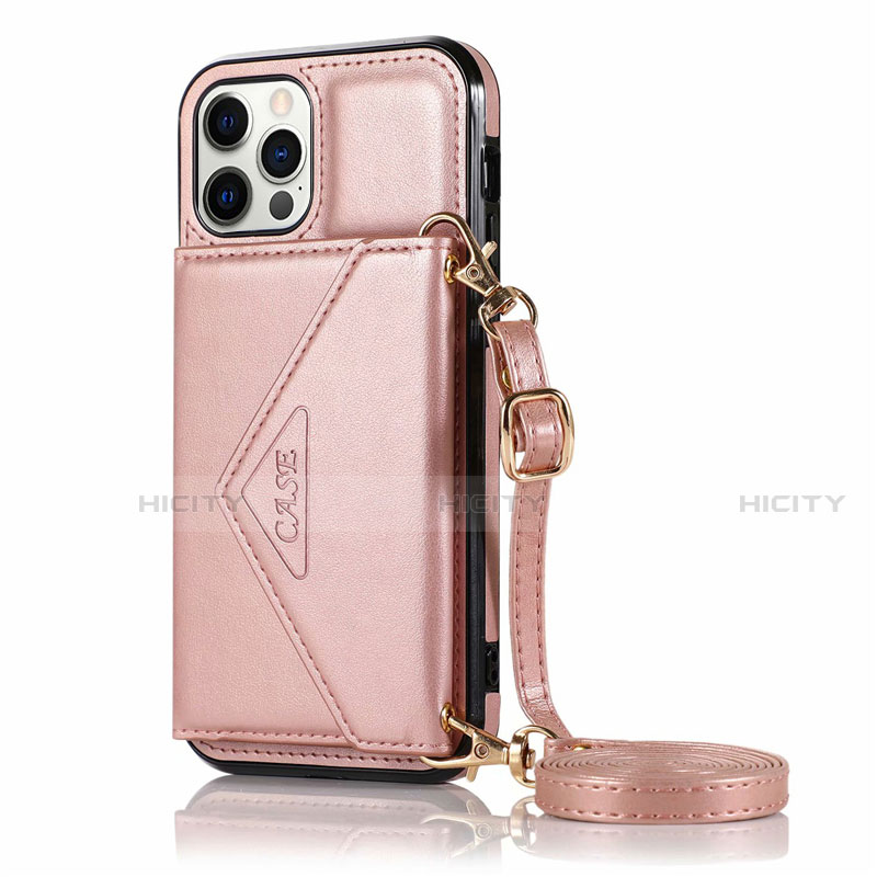 Custodia Portafoglio In Pelle Cover con Supporto N03 per Apple iPhone 12 Pro Oro Rosa