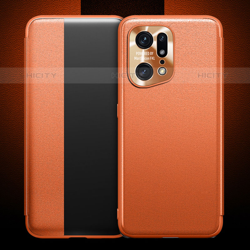 Custodia Portafoglio In Pelle Cover con Supporto per Oppo Find X5 Pro 5G Arancione