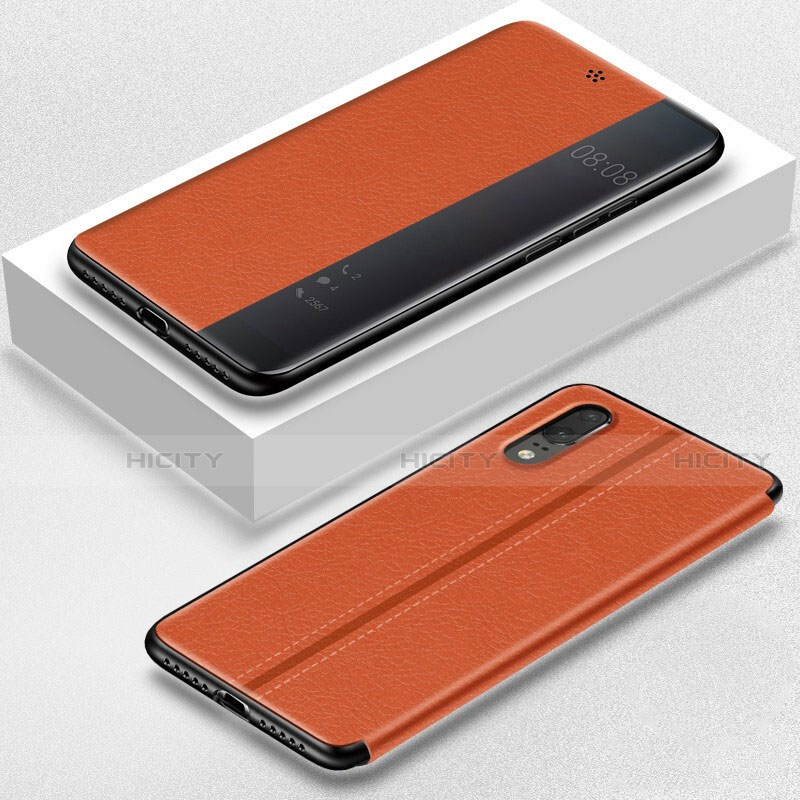 Custodia Portafoglio In Pelle Cover con Supporto T02 per Huawei P20 Arancione