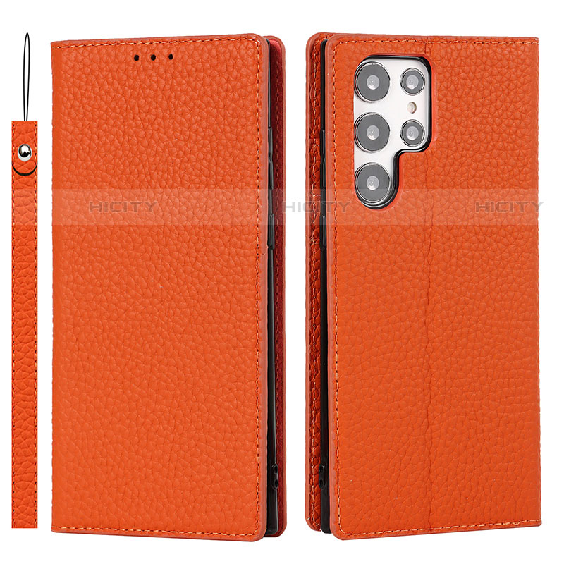 Custodia Portafoglio In Pelle Cover con Supporto T02D per Samsung Galaxy S22 Ultra 5G Arancione