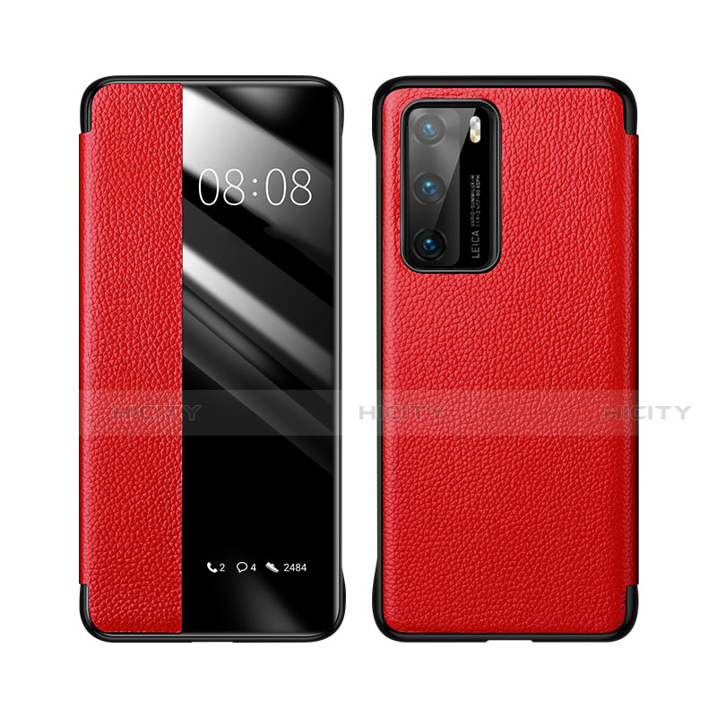 Custodia Portafoglio In Pelle Cover con Supporto T04 per Huawei P40 Rosso