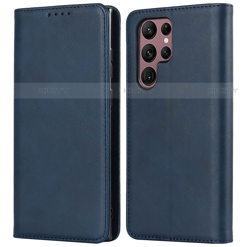 Custodia Portafoglio In Pelle Cover con Supporto T04D per Samsung Galaxy S22 Ultra 5G Blu