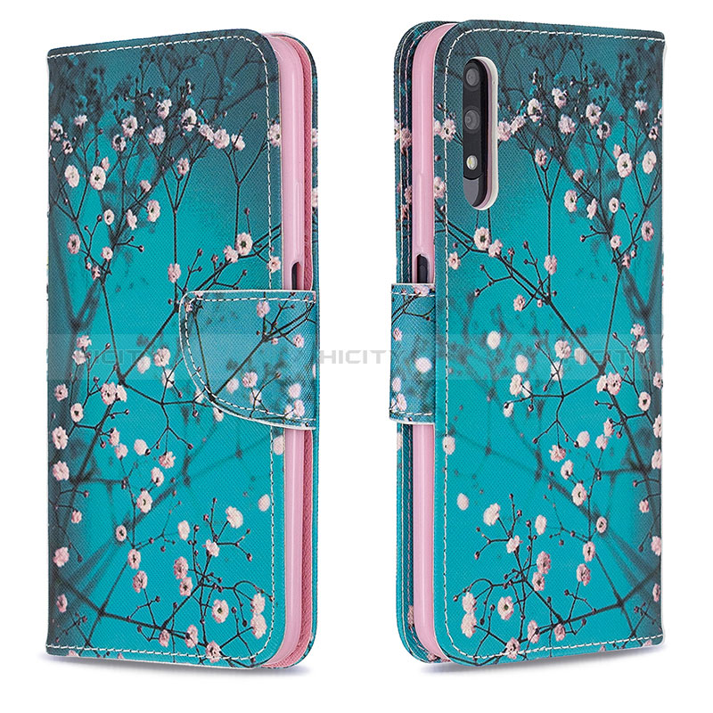Custodia Portafoglio In Pelle Fantasia Modello Cover con Supporto B01F per Huawei Honor 9X Ciano