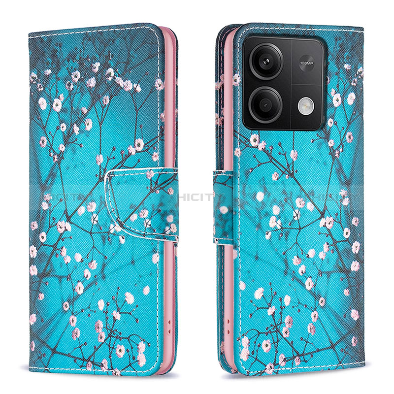 Custodia Portafoglio In Pelle Fantasia Modello Cover con Supporto B01F per Xiaomi Redmi Note 13 5G Ciano