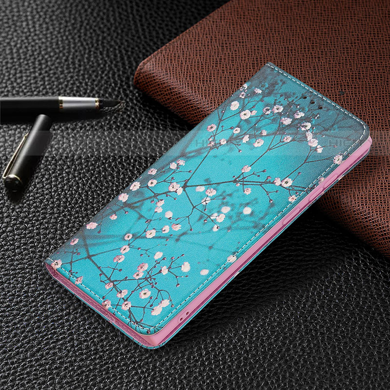 Custodia Portafoglio In Pelle Fantasia Modello Cover con Supporto B03F per Samsung Galaxy S22 Ultra 5G Ciano