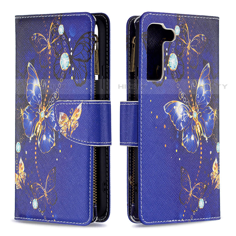 Custodia Portafoglio In Pelle Fantasia Modello Cover con Supporto B04F per Samsung Galaxy S21 Plus 5G Blu Notte