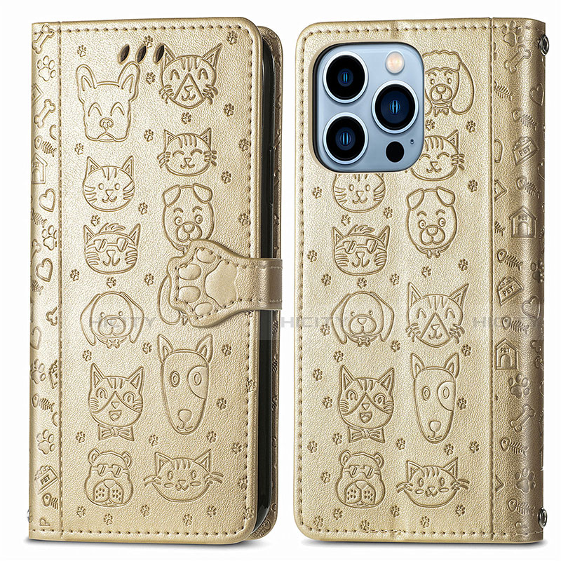 Custodia Portafoglio In Pelle Fantasia Modello Cover con Supporto H12 per Apple iPhone 13 Pro Oro
