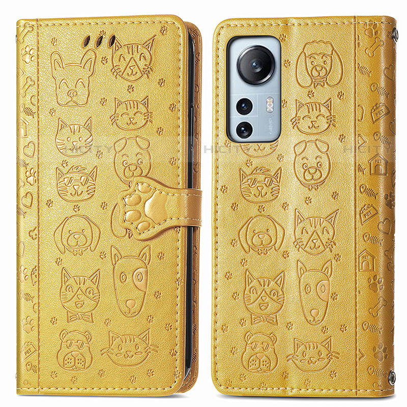 Custodia Portafoglio In Pelle Fantasia Modello Cover con Supporto L01 per Xiaomi Mi 12 Pro 5G Giallo