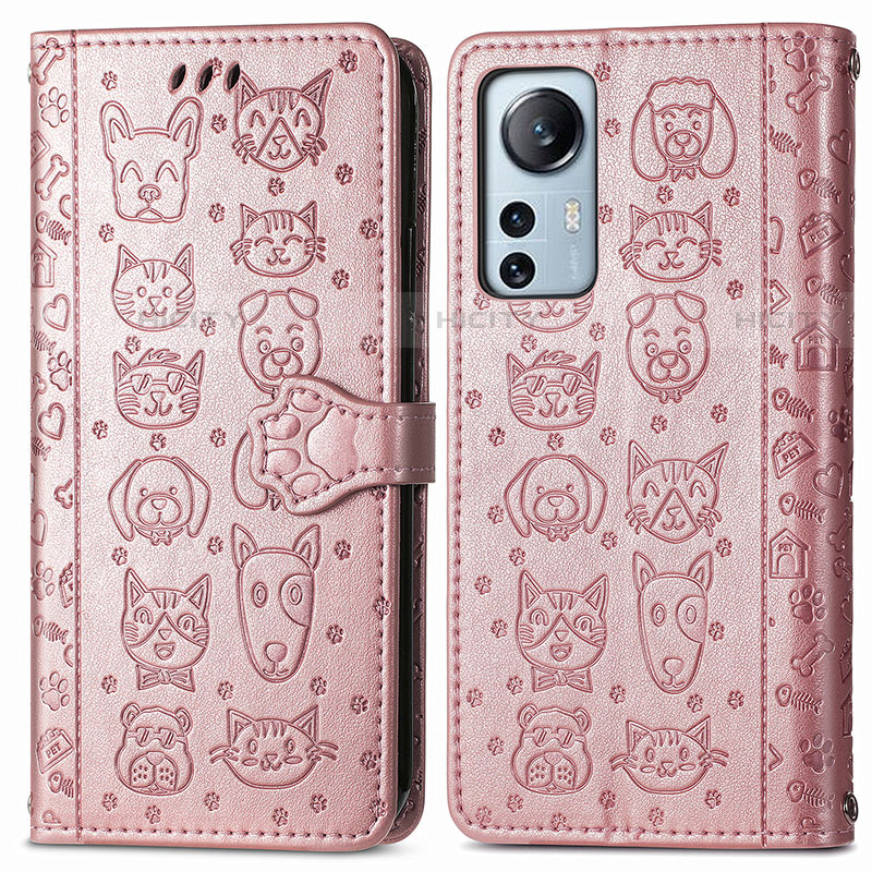 Custodia Portafoglio In Pelle Fantasia Modello Cover con Supporto L01 per Xiaomi Mi 12 Pro 5G Rosa