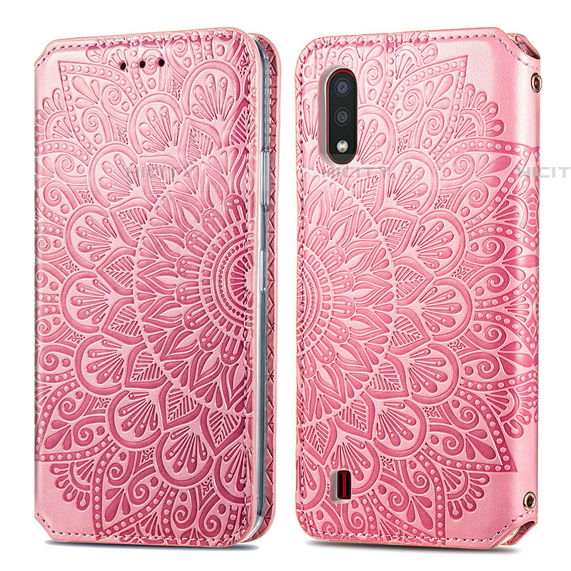 Custodia Portafoglio In Pelle Fantasia Modello Cover con Supporto S01D per Samsung Galaxy A01 SM-A015 Oro Rosa