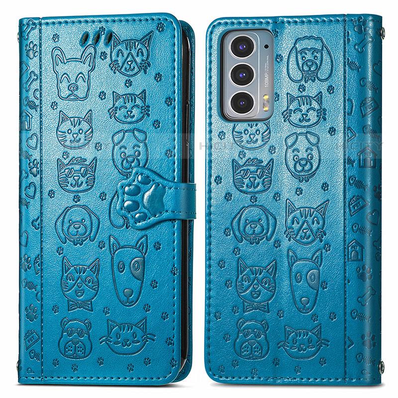 Custodia Portafoglio In Pelle Fantasia Modello Cover con Supporto S03D per Motorola Moto Edge 20 5G Blu