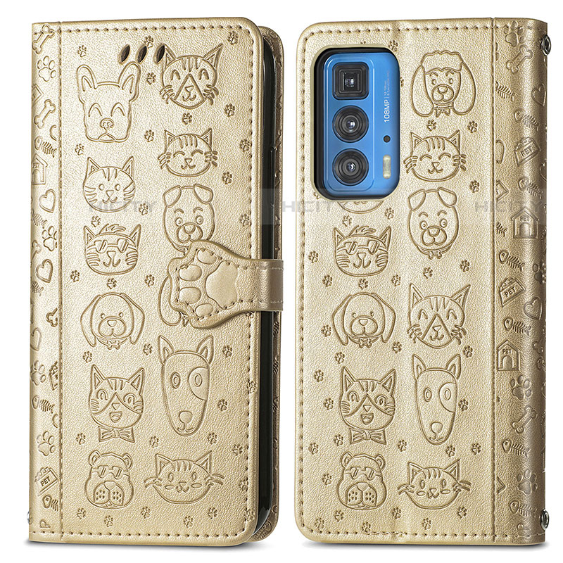 Custodia Portafoglio In Pelle Fantasia Modello Cover con Supporto S03D per Motorola Moto Edge 20 Pro 5G Oro