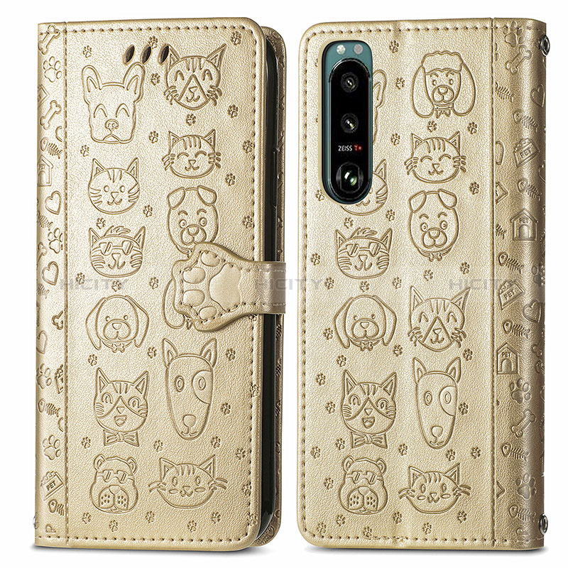 Custodia Portafoglio In Pelle Fantasia Modello Cover con Supporto S03D per Sony Xperia 5 III Oro