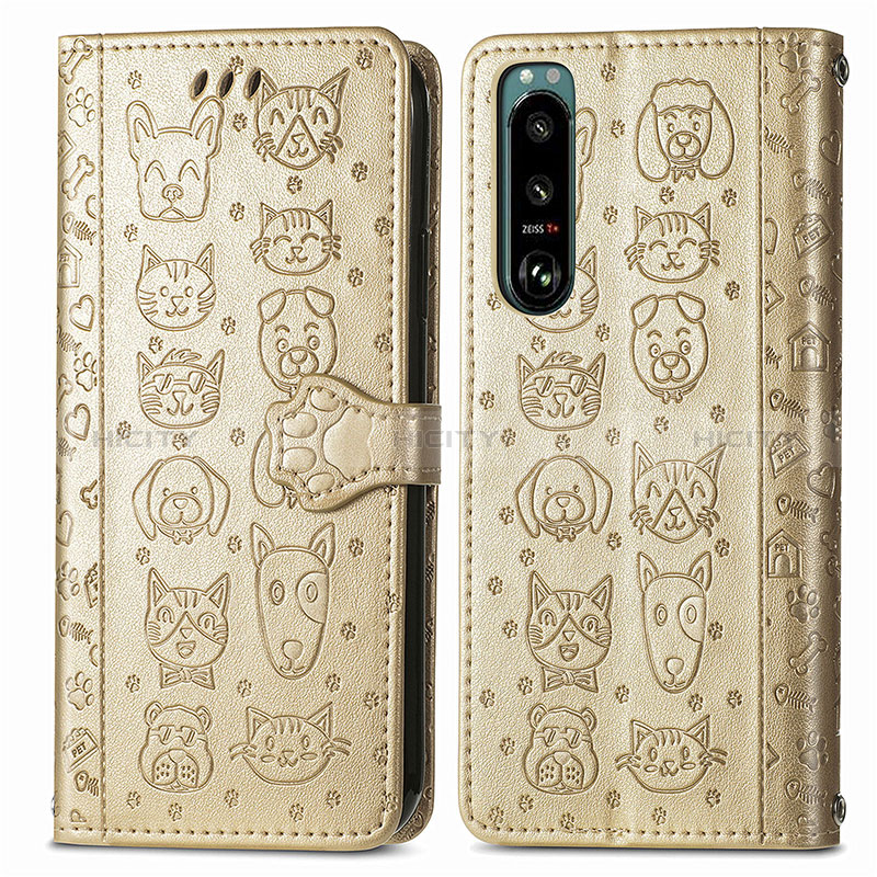 Custodia Portafoglio In Pelle Fantasia Modello Cover con Supporto S03D per Sony Xperia 5 IV Oro