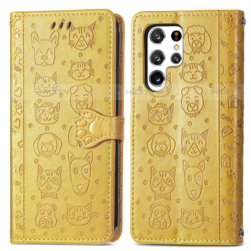 Custodia Portafoglio In Pelle Fantasia Modello Cover con Supporto S05D per Samsung Galaxy S22 Ultra 5G Giallo