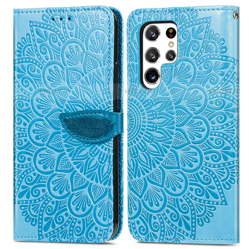 Custodia Portafoglio In Pelle Fantasia Modello Cover con Supporto S07D per Samsung Galaxy S22 Ultra 5G Blu