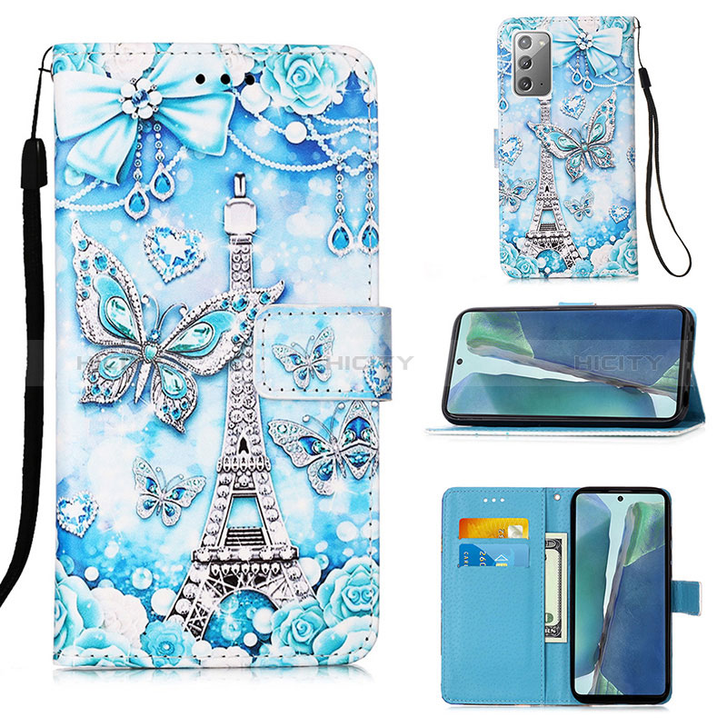 Custodia Portafoglio In Pelle Fantasia Modello Cover con Supporto Y02B per Samsung Galaxy Note 20 5G Azzurro
