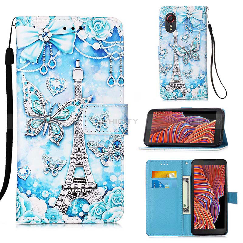 Custodia Portafoglio In Pelle Fantasia Modello Cover con Supporto Y02B per Samsung Galaxy XCover 5 SM-G525F Azzurro
