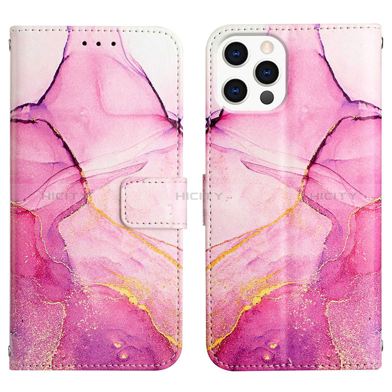 Custodia Portafoglio In Pelle Fantasia Modello Cover con Supporto Y04B per Apple iPhone 13 Pro Max Rosa Caldo