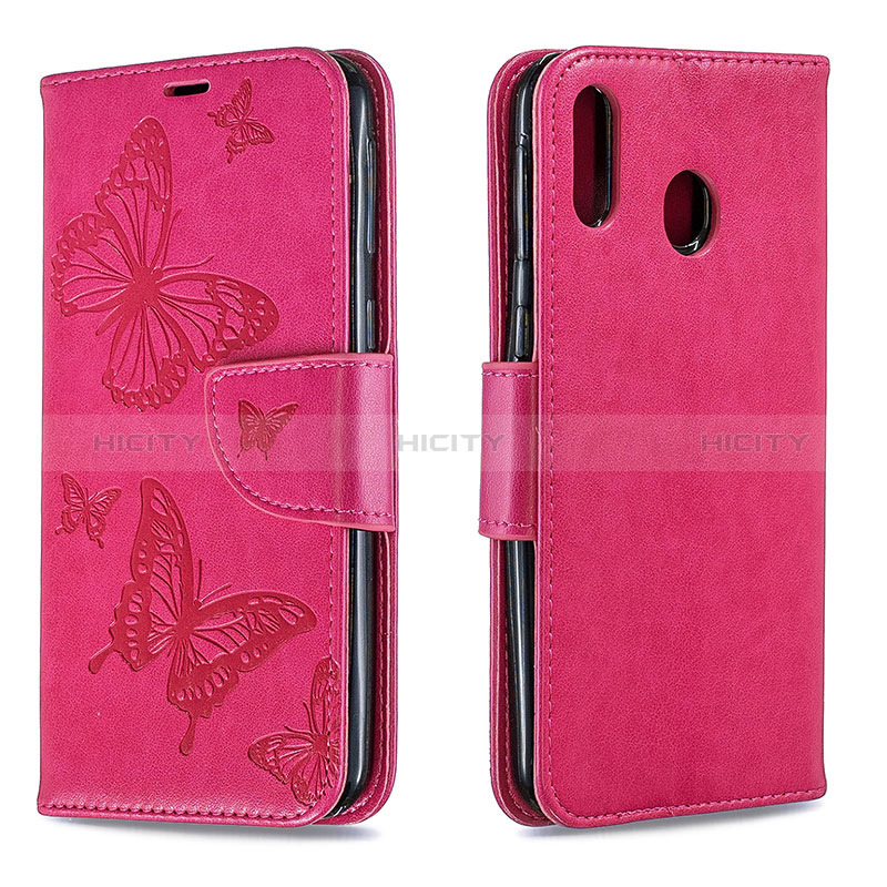 Custodia Portafoglio In Pelle Farfalla Cover con Supporto B01F per Samsung Galaxy M20 Rosa Caldo