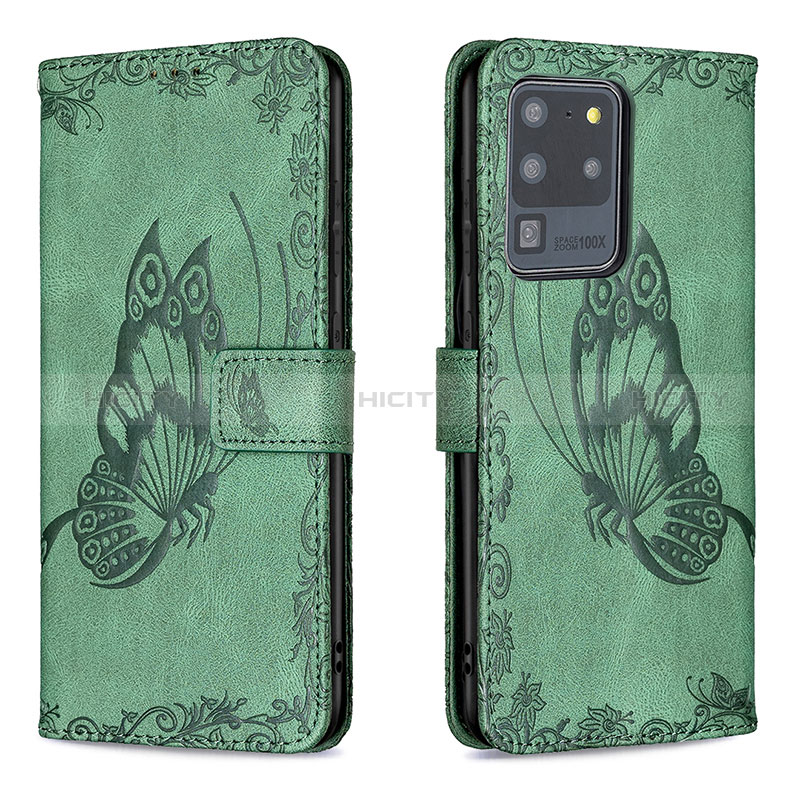 Custodia Portafoglio In Pelle Farfalla Cover con Supporto B02F per Samsung Galaxy S20 Ultra Verde