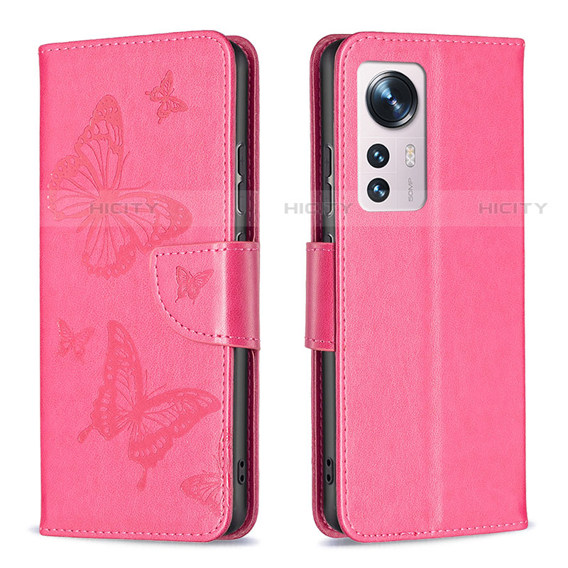Custodia Portafoglio In Pelle Farfalla Cover con Supporto B13F per Xiaomi Mi 12 Pro 5G Rosa Caldo