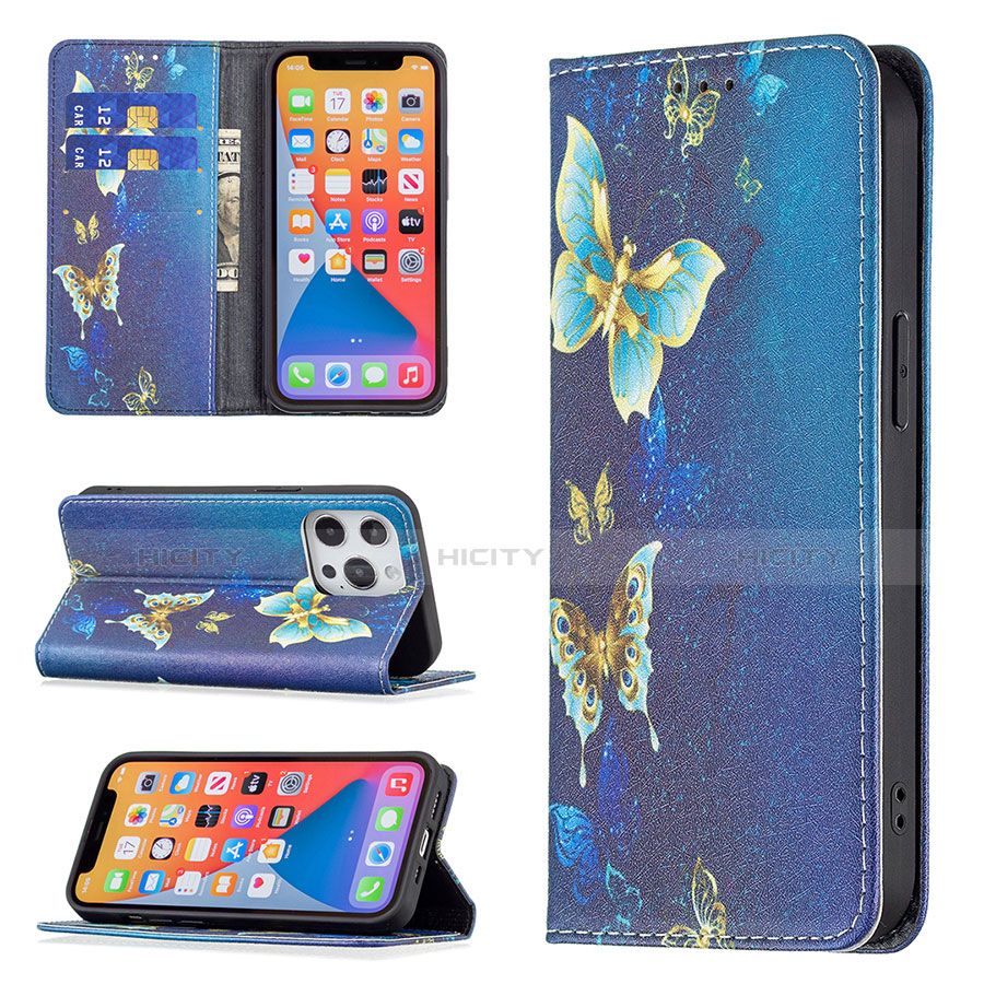 Custodia Portafoglio In Pelle Farfalla Cover con Supporto L01 per Apple iPhone 13 Pro Blu