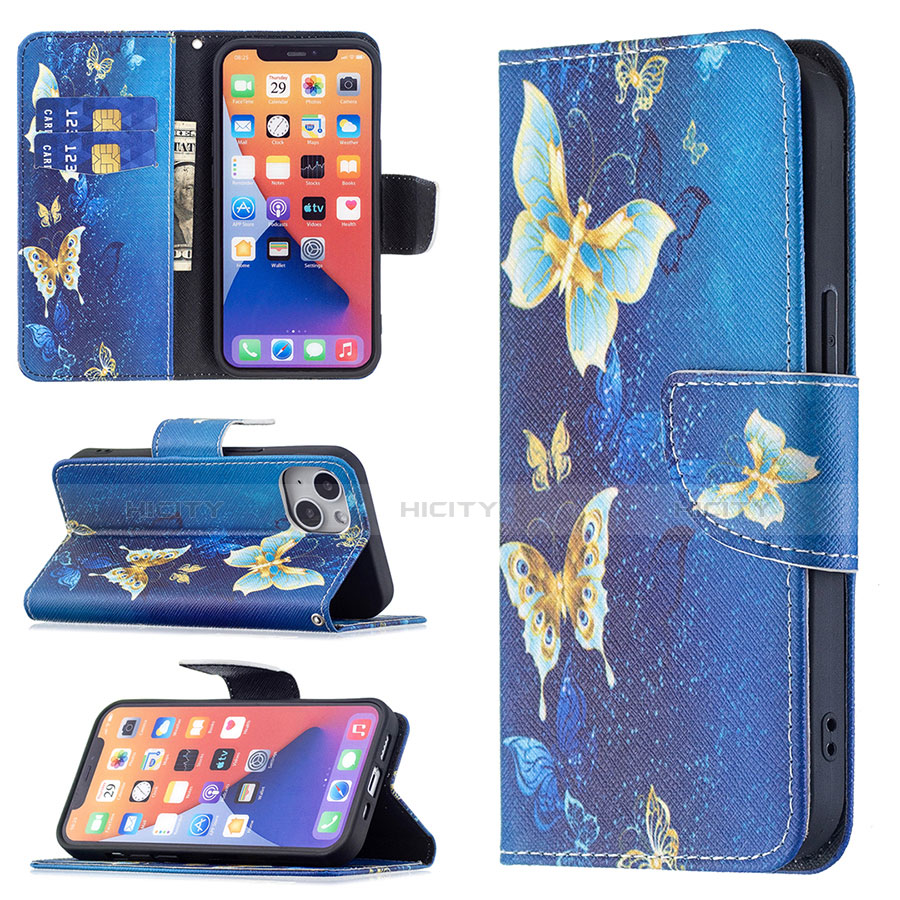 Custodia Portafoglio In Pelle Farfalla Cover con Supporto L07 per Apple iPhone 13 Blu