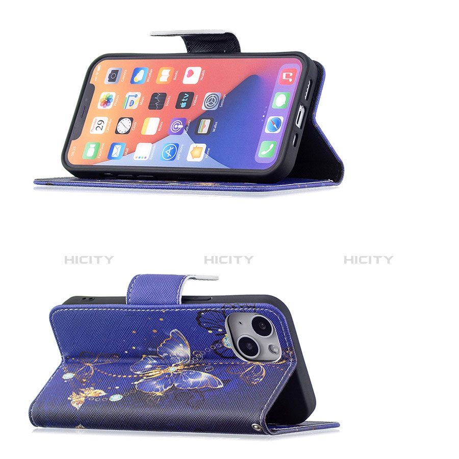 Custodia Portafoglio In Pelle Farfalla Cover con Supporto L07 per Apple iPhone 13 Mini Blu Notte