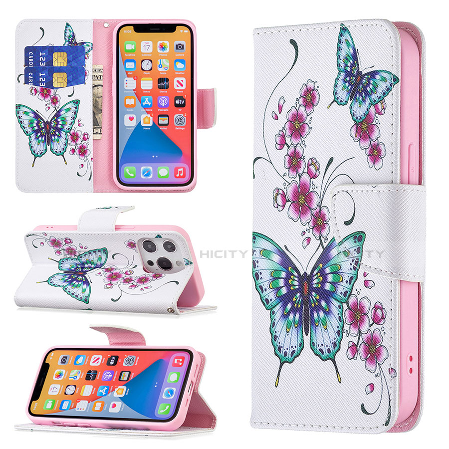 Custodia Portafoglio In Pelle Farfalla Cover con Supporto L07 per Apple iPhone 13 Pro Rosa