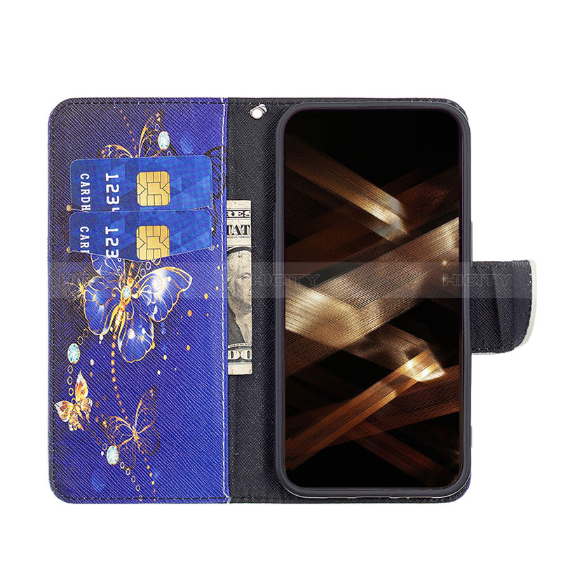 Custodia Portafoglio In Pelle Farfalla Cover con Supporto L07 per Apple iPhone 14 Pro Blu Notte