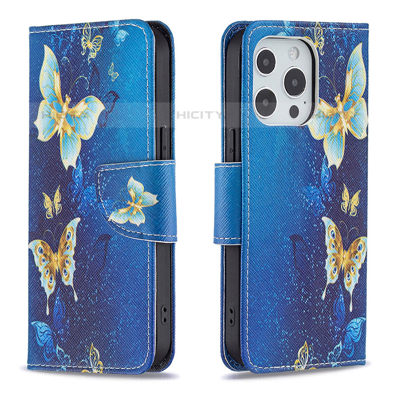 Custodia Portafoglio In Pelle Farfalla Cover con Supporto L07 per Apple iPhone 15 Pro Max Blu
