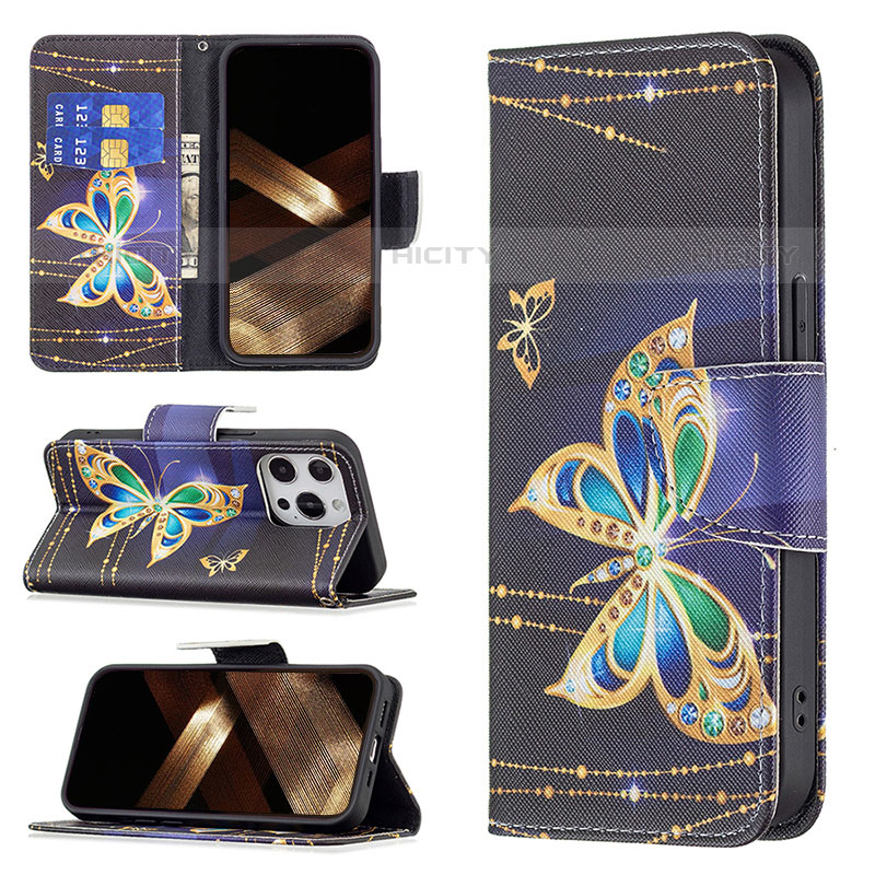 Custodia Portafoglio In Pelle Farfalla Cover con Supporto L07 per Apple iPhone 15 Pro Max Multicolore