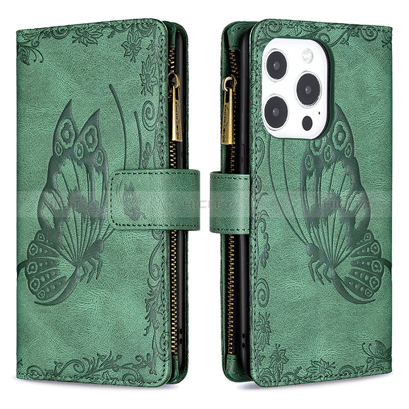 Custodia Portafoglio In Pelle Farfalla Cover con Supporto L08 per Apple iPhone 14 Pro Max Verde