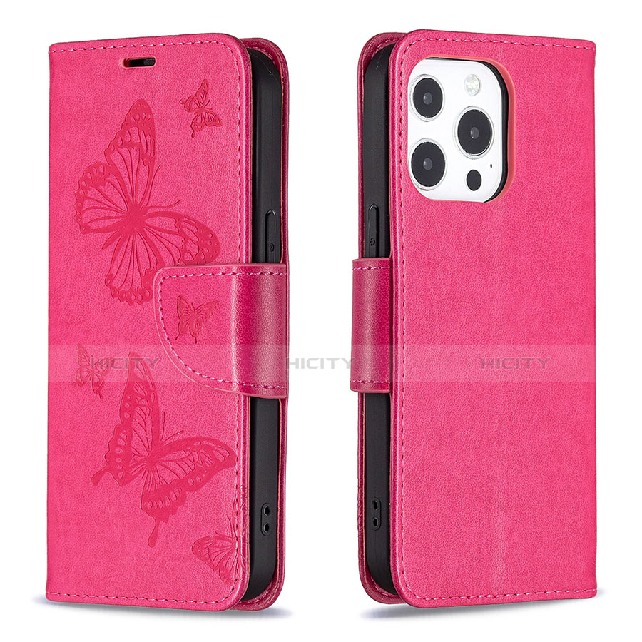 Custodia Portafoglio In Pelle Farfalla Cover con Supporto L09 per Apple iPhone 13 Pro Max Rosa Caldo