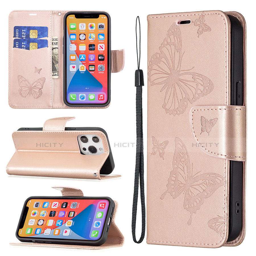 Custodia Portafoglio In Pelle Farfalla Cover con Supporto L09 per Apple iPhone 13 Pro Rosa