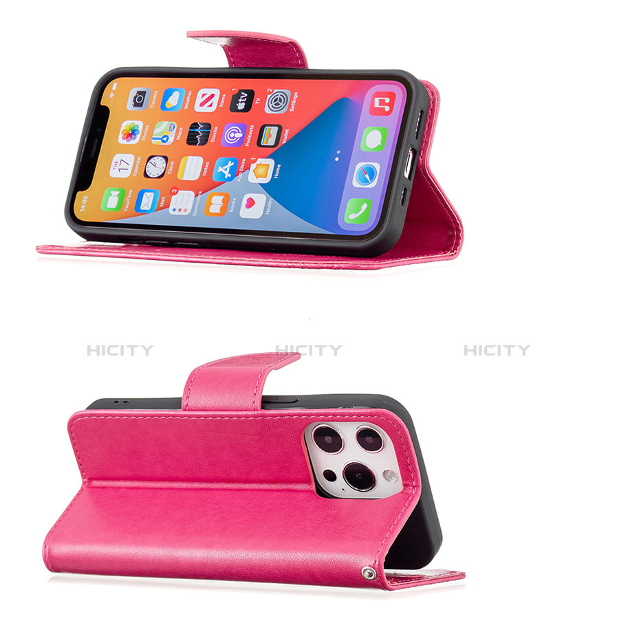 Custodia Portafoglio In Pelle Farfalla Cover con Supporto L09 per Apple iPhone 13 Pro Rosa Caldo