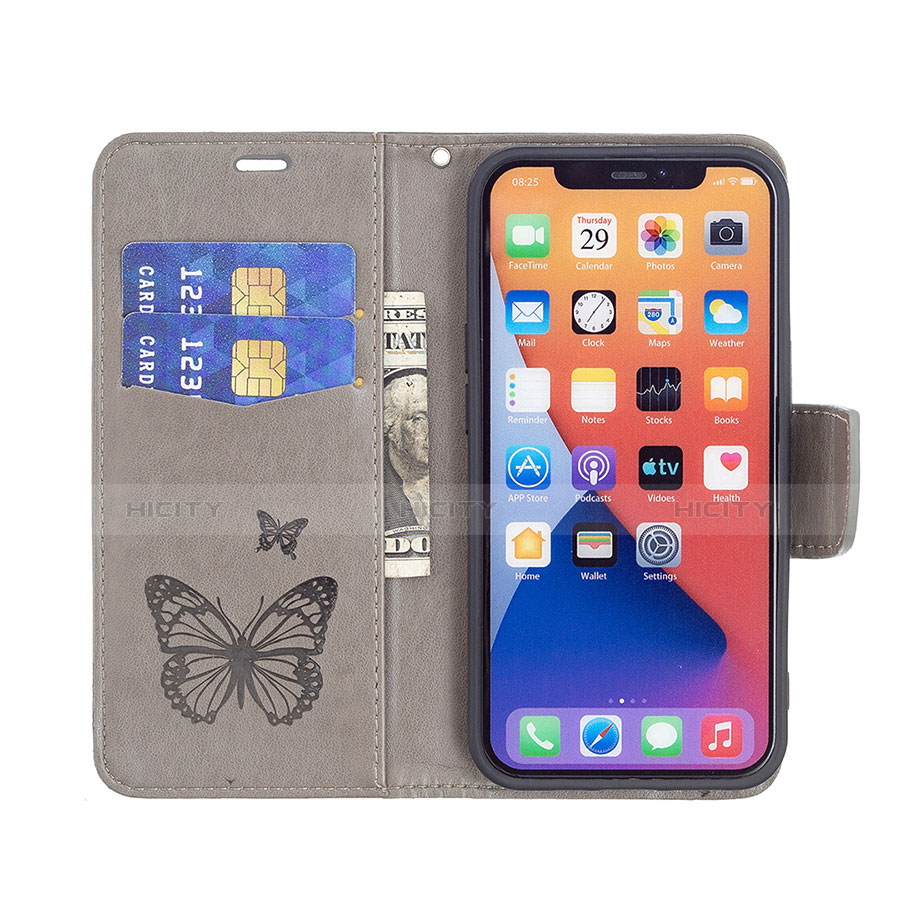 Custodia Portafoglio In Pelle Farfalla Cover con Supporto L09 per Apple iPhone 14 Grigio