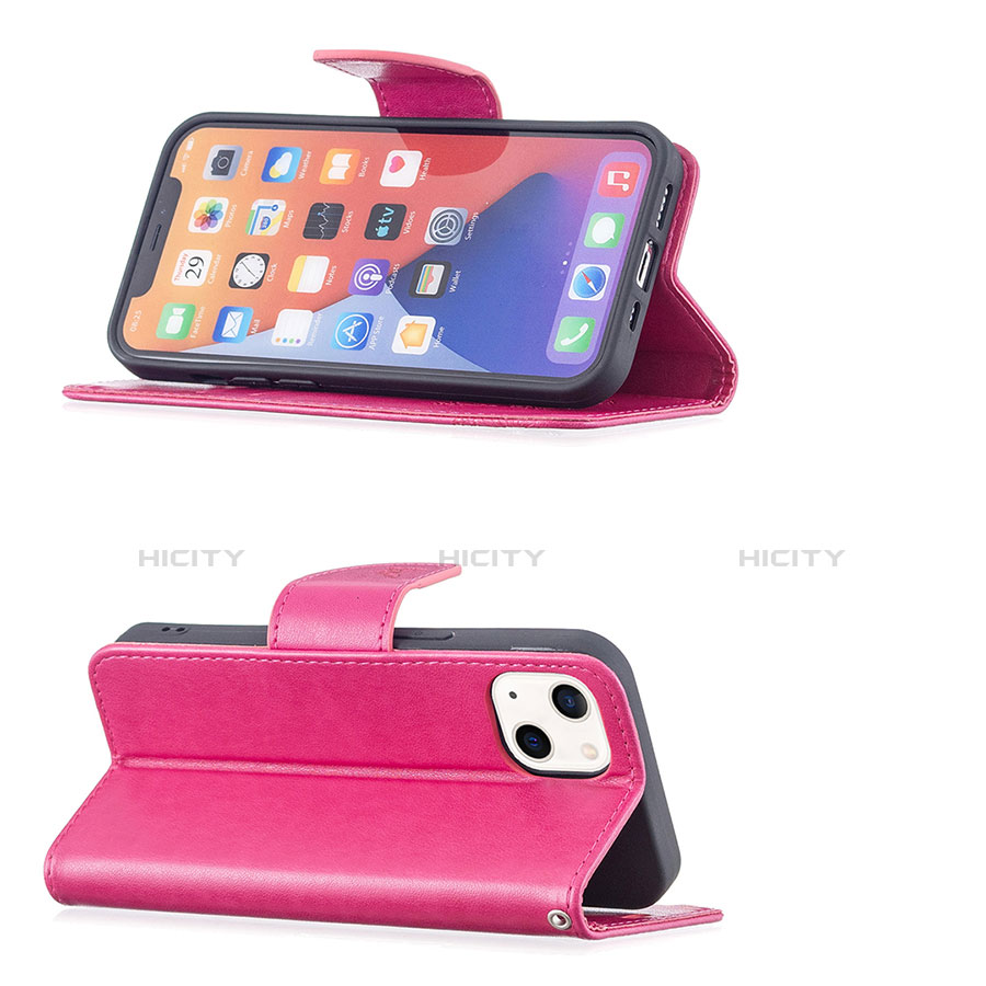 Custodia Portafoglio In Pelle Farfalla Cover con Supporto L09 per Apple iPhone 14 Plus Rosa Caldo