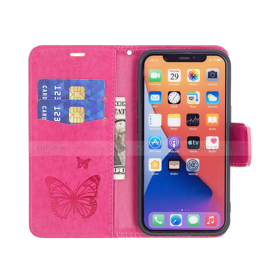 Custodia Portafoglio In Pelle Farfalla Cover con Supporto L09 per Apple iPhone 14 Plus Rosa Caldo