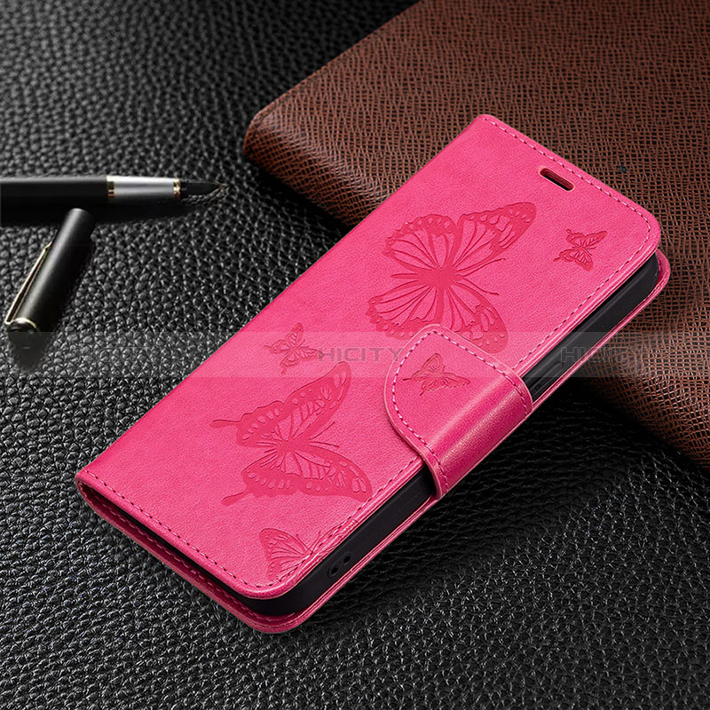 Custodia Portafoglio In Pelle Farfalla Cover con Supporto L09 per Apple iPhone 14 Pro Max Rosa Caldo