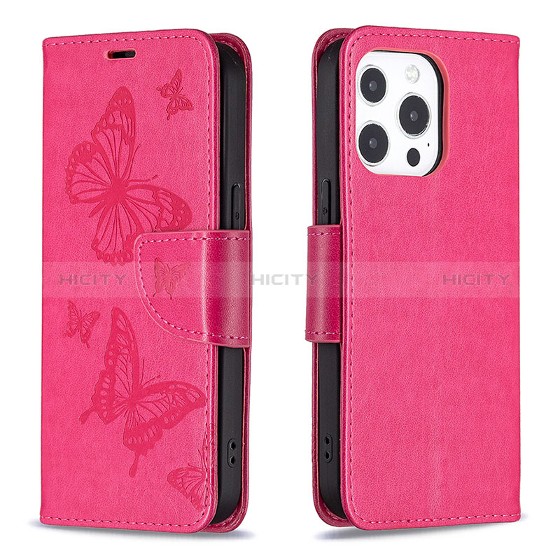Custodia Portafoglio In Pelle Farfalla Cover con Supporto L09 per Apple iPhone 14 Pro Rosa Caldo