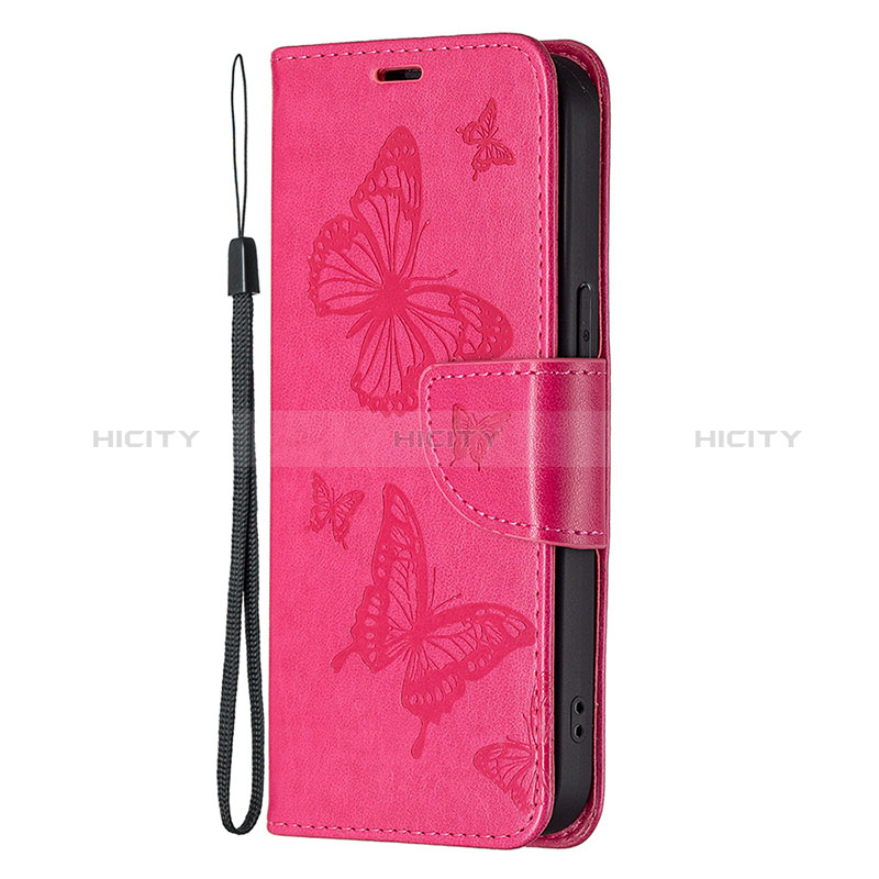 Custodia Portafoglio In Pelle Farfalla Cover con Supporto L09 per Apple iPhone 14 Pro Rosa Caldo