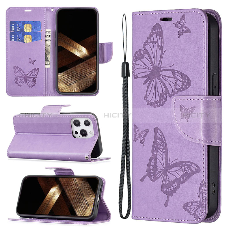 Custodia Portafoglio In Pelle Farfalla Cover con Supporto L09 per Apple iPhone 14 Pro Viola