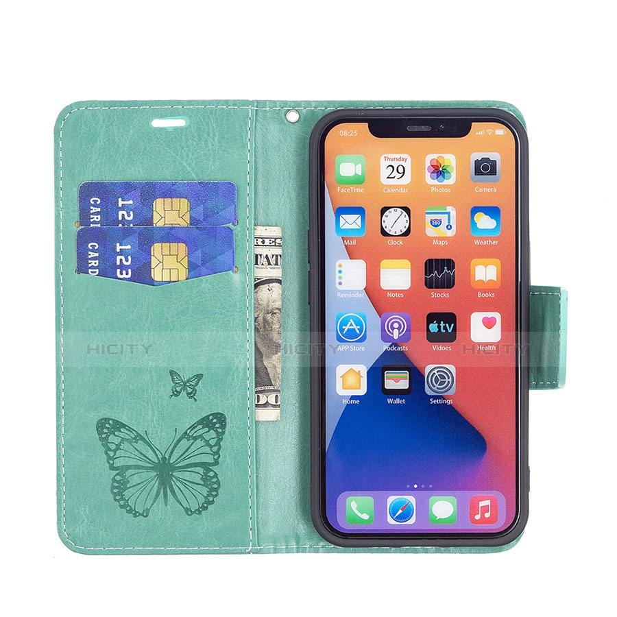 Custodia Portafoglio In Pelle Farfalla Cover con Supporto L09 per Apple iPhone 14 Verde