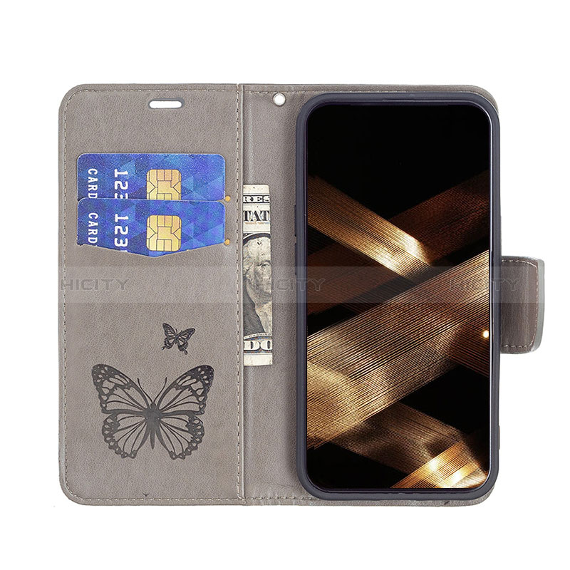 Custodia Portafoglio In Pelle Farfalla Cover con Supporto L09 per Apple iPhone 15 Plus Grigio