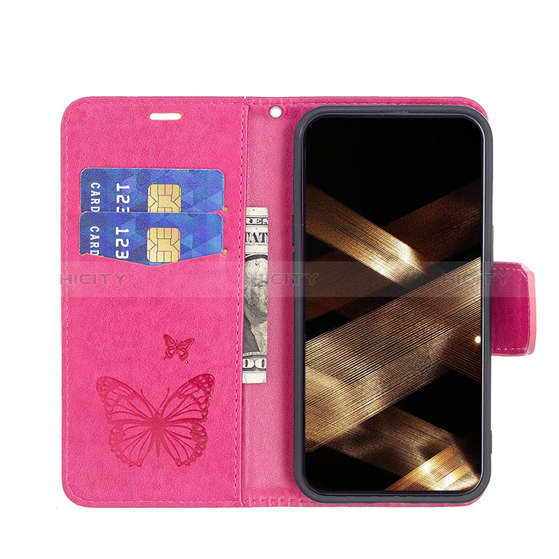 Custodia Portafoglio In Pelle Farfalla Cover con Supporto L09 per Apple iPhone 15 Rosa Caldo