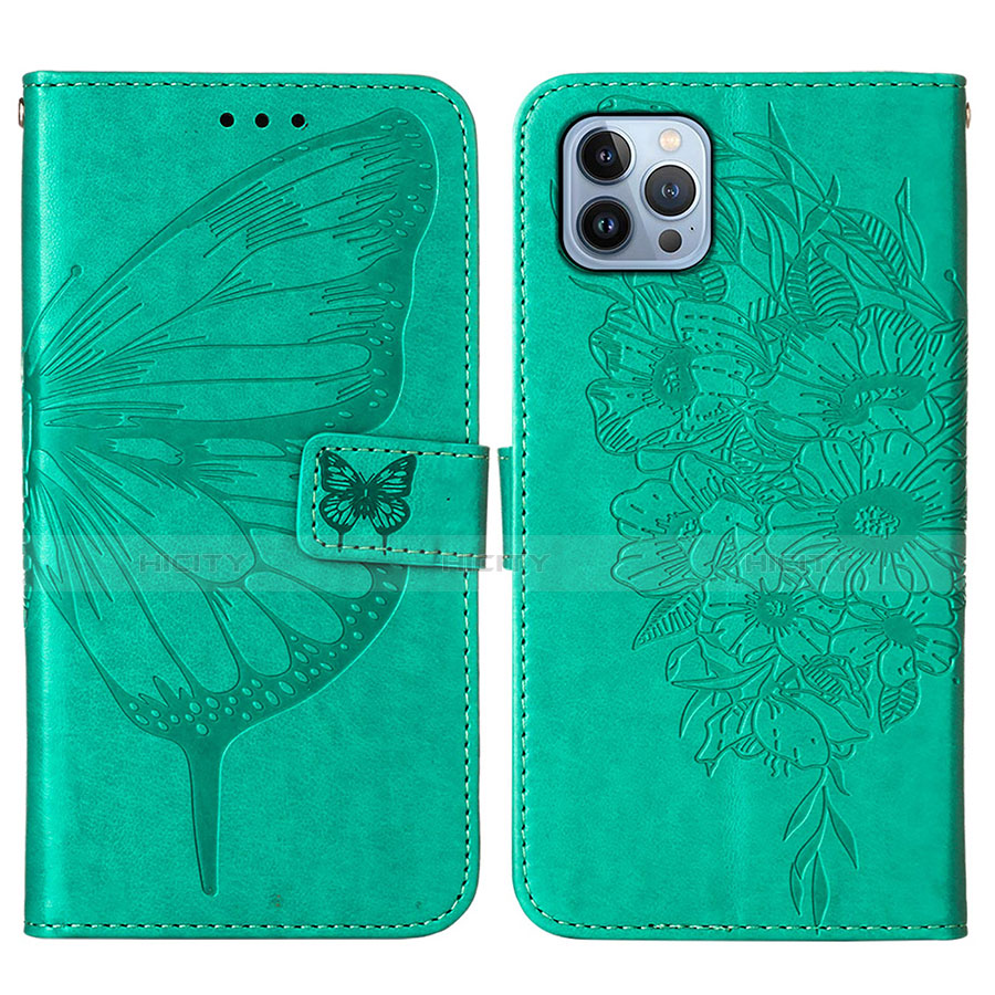 Custodia Portafoglio In Pelle Farfalla Cover con Supporto L10 per Apple iPhone 13 Pro Verde